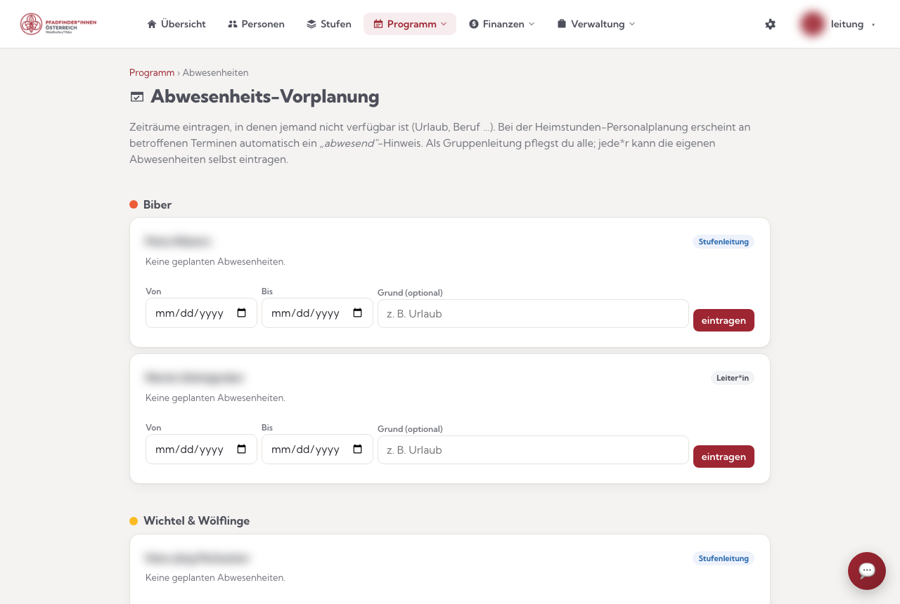 Die Abwesenheits-Vorplanung, nach Stufen gruppiert (Namen unkenntlich gemacht)