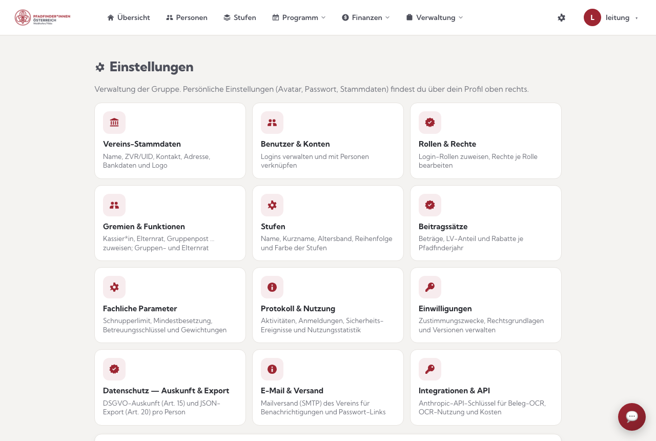 Die Einstellungen der Gruppe: Kacheln je Verwaltungsbereich — sichtbar ist nur, wofür deine Rolle berechtigt