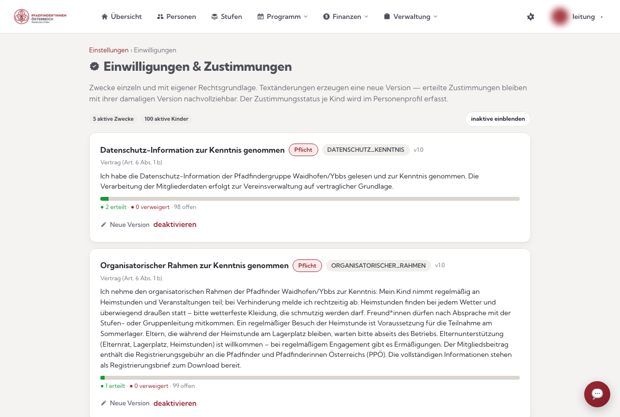 Der Einwilligungs-Katalog: Zwecke mit Rechtsgrundlage, Version und Zustimmungs-Stand