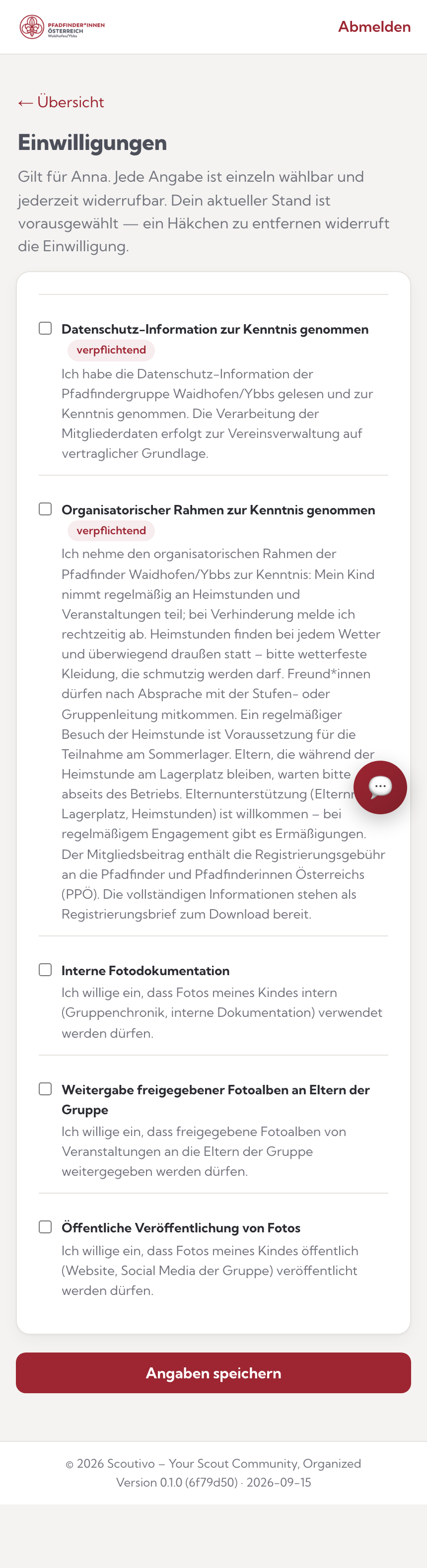 Die Einwilligungen im Elternportal: jeder Zweck einzeln mit Häkchen, verpflichtende Punkte markiert (Demo-Daten)