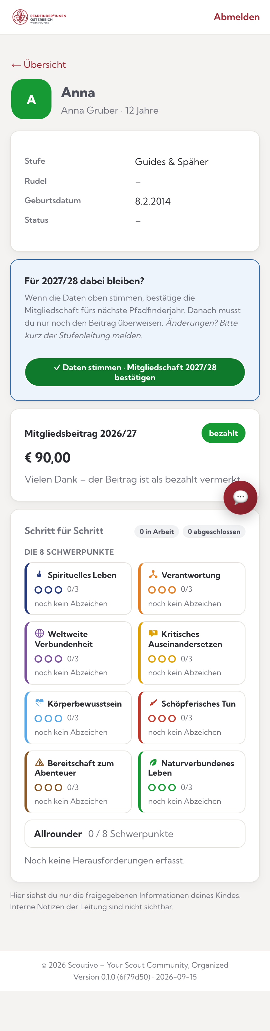 Die Kind-Ansicht im Elternportal: Stufe, Beitragsstatus und der Knopf zum Bestätigen der Mitgliedschaft fürs nächste Jahr (Demo-Daten)
