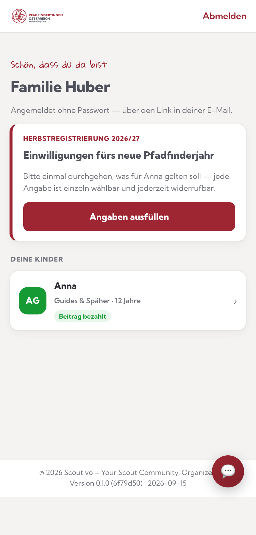 Das Elternportal nach der Anmeldung: Begrüßung, offene Einwilligungen und die eigenen Kinder mit Stufe und Beitragsstatus (Demo-Daten)