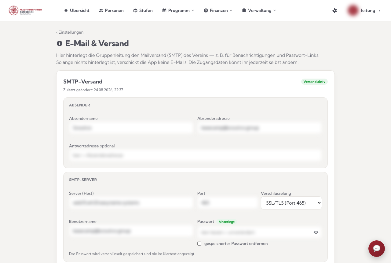 E-Mail & Versand: SMTP-Zugang mit verschlüsseltem Passwort (Zugangsdaten unkenntlich gemacht)