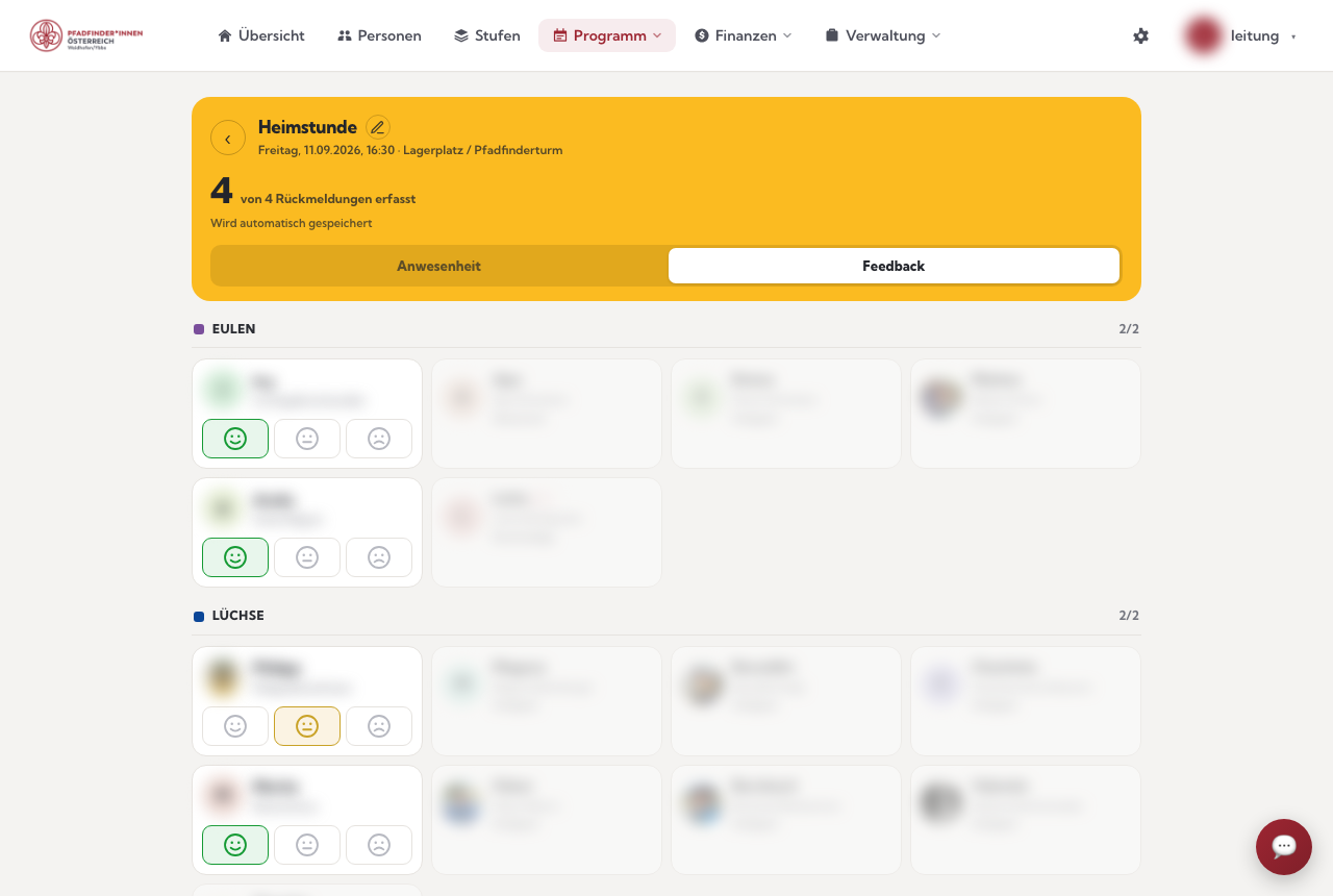 Der Feedback-Tab der Heimstunde: je Kind drei Smileys zum Antippen, anwesende Kinder aktiv (Namen unkenntlich gemacht)