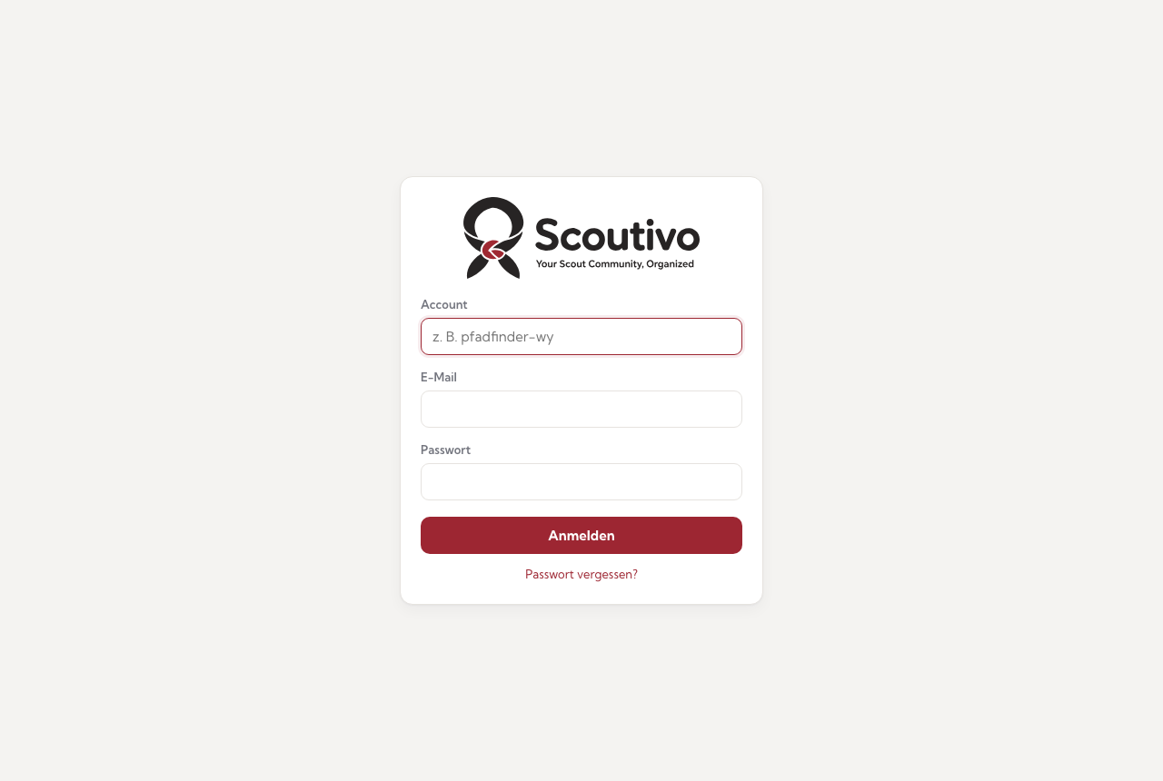 Die Anmeldeseite: Account (Gruppen-Kürzel), E-Mail und Passwort