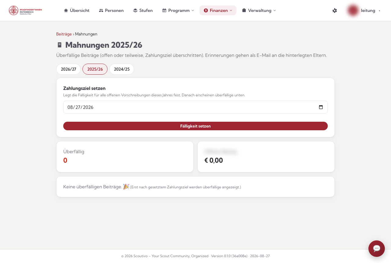 Die Mahnungs-Seite: Zahlungsziel setzen und die Liste der überfälligen Beiträge