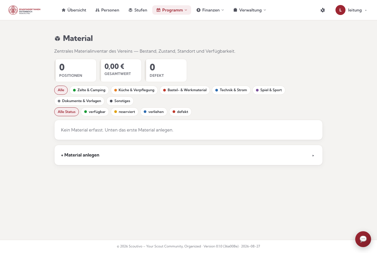 Die Materialverwaltung: Kennzahlen, Kategorien- und Status-Filter