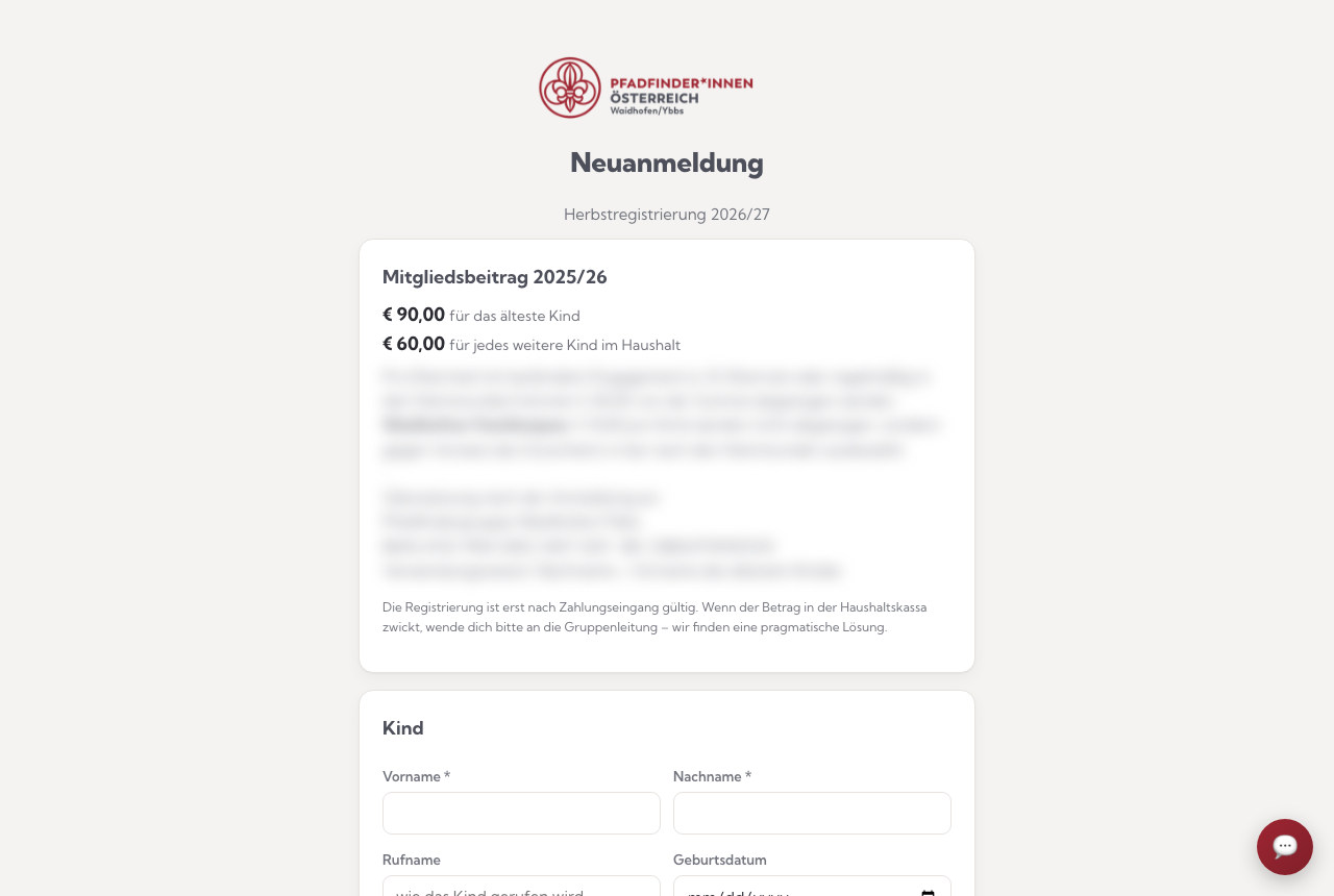 Das öffentliche Neuanmeldungs-Formular für Familien (sensible Angaben unkenntlich gemacht)