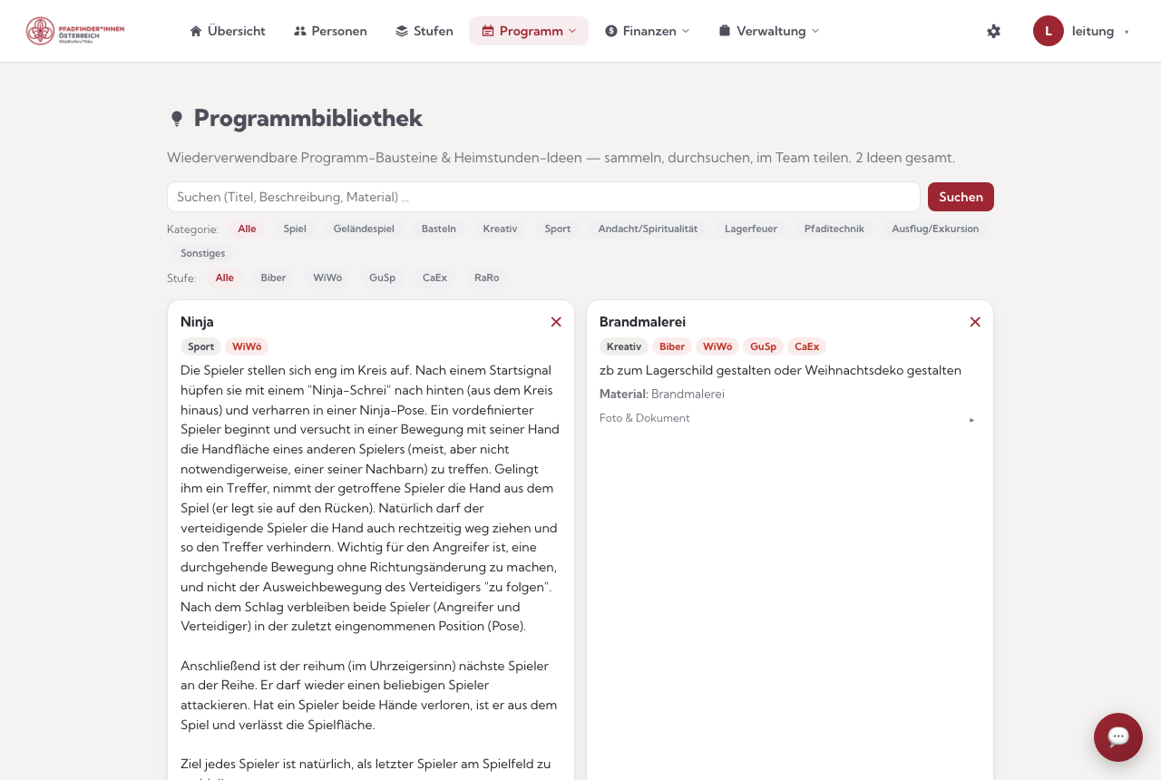 Die Programmbibliothek: Ideen mit Kategorie- und Stufen-Schlagworten, durchsuchbar