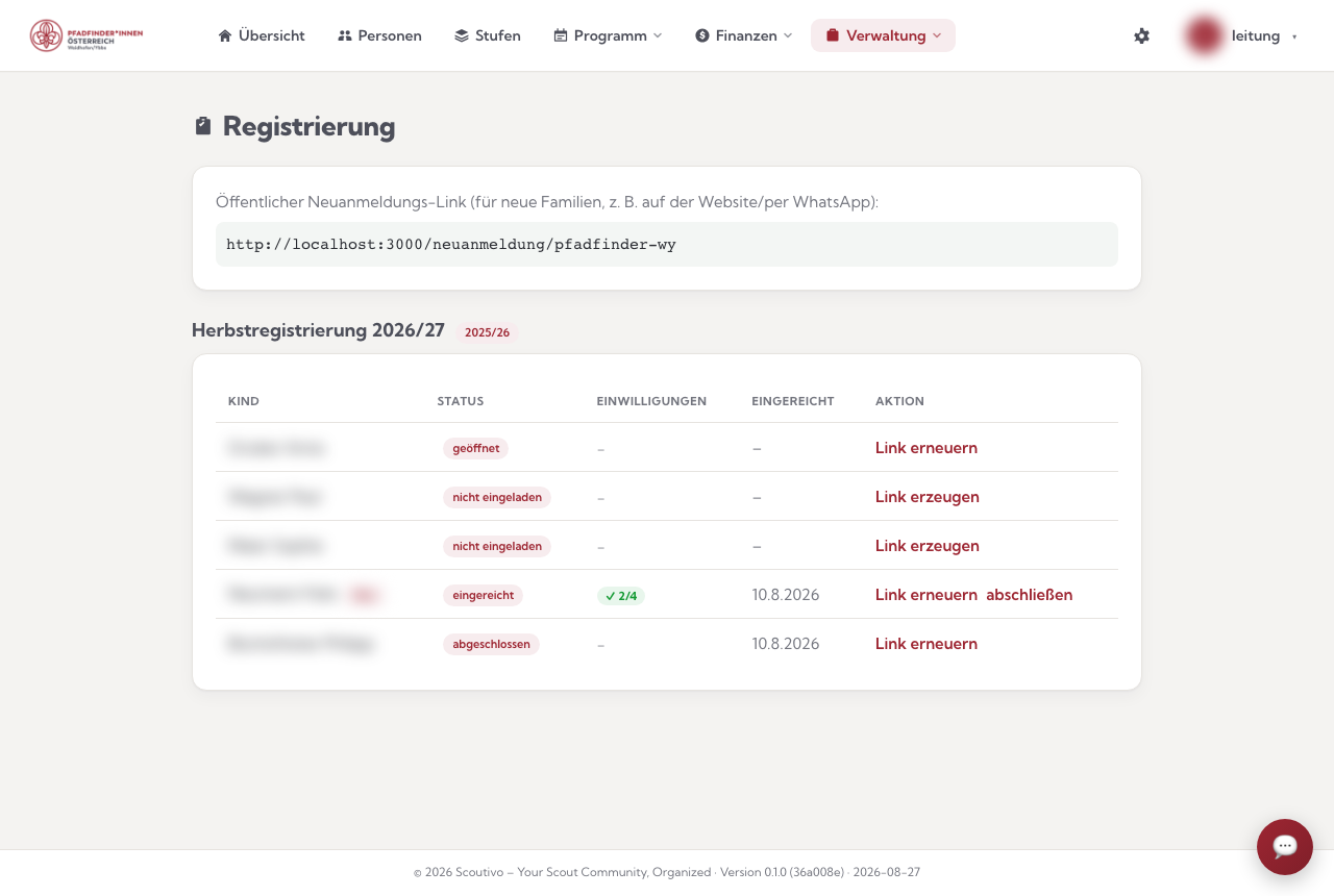 Die Registrierung: öffentlicher Neuanmeldungs-Link und der Stand je Kind (Namen unkenntlich gemacht)