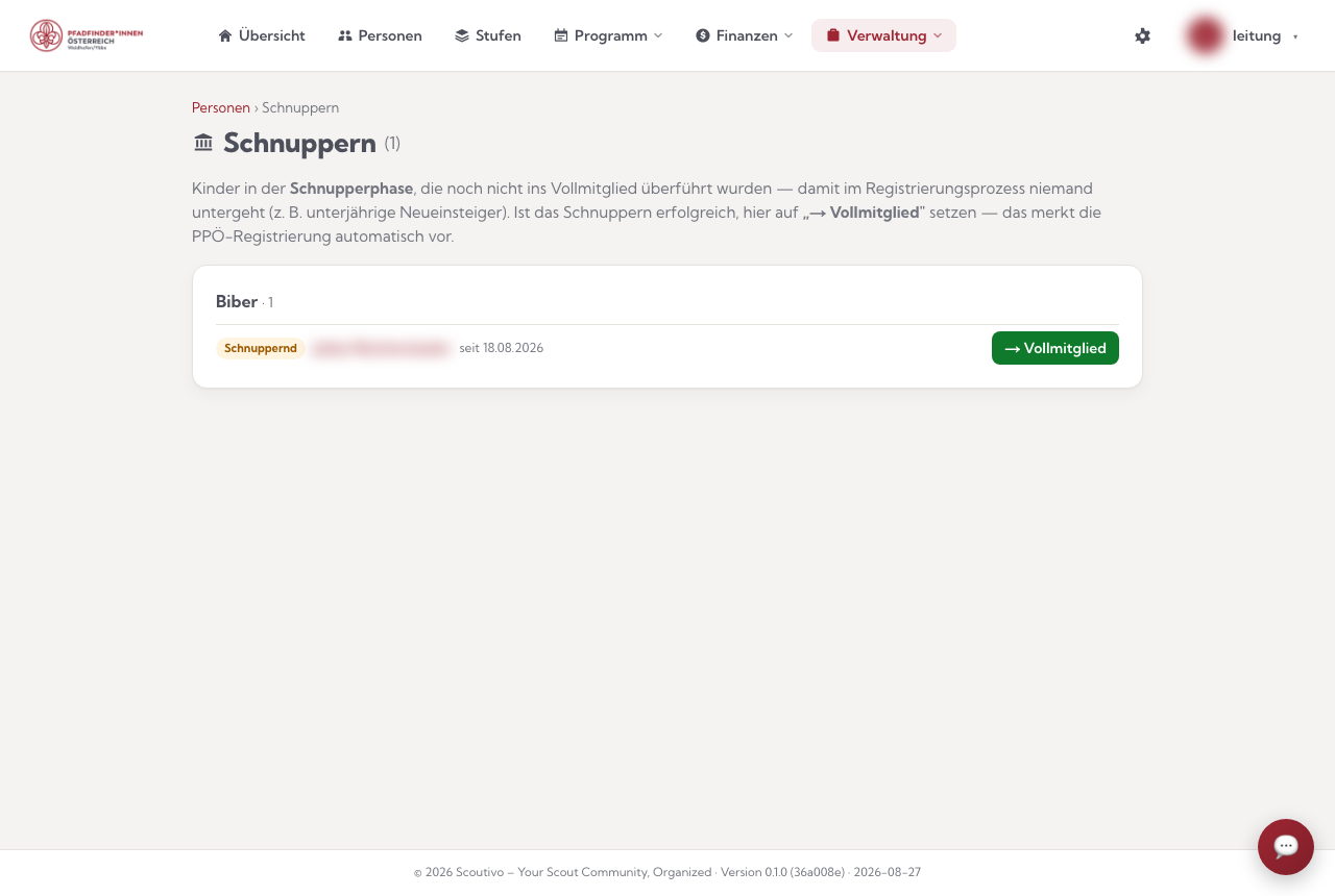 Schnuppern: Kinder in der Schnupperphase mit einem Klick zum Vollmitglied machen (Name unkenntlich gemacht)