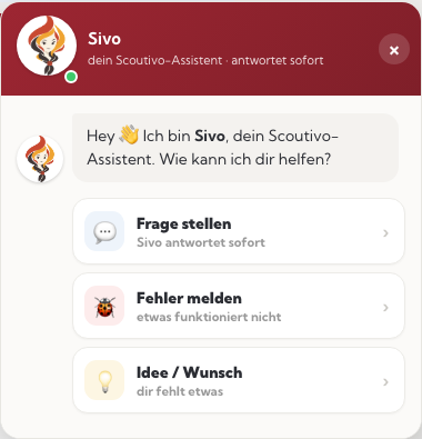Das Hilfe-Widget: Sivo begrüßt dich und du wählst zwischen Frage und Fehlermeldung