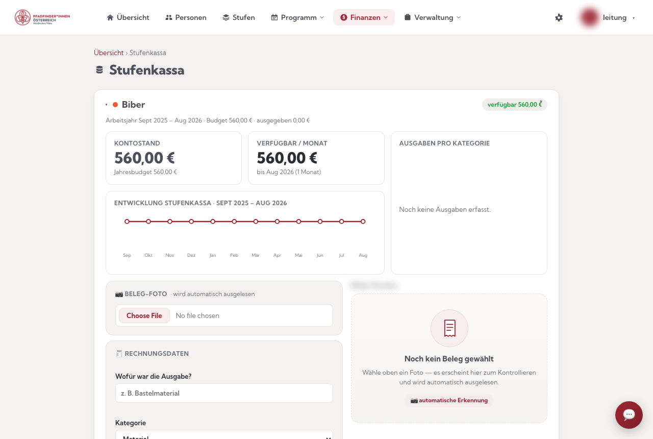 Die Stufenkassa je Stufe: Kontostand, Verfügbar/Monat, Verlauf — darunter das Beleg-Formular mit automatischem Auslesen