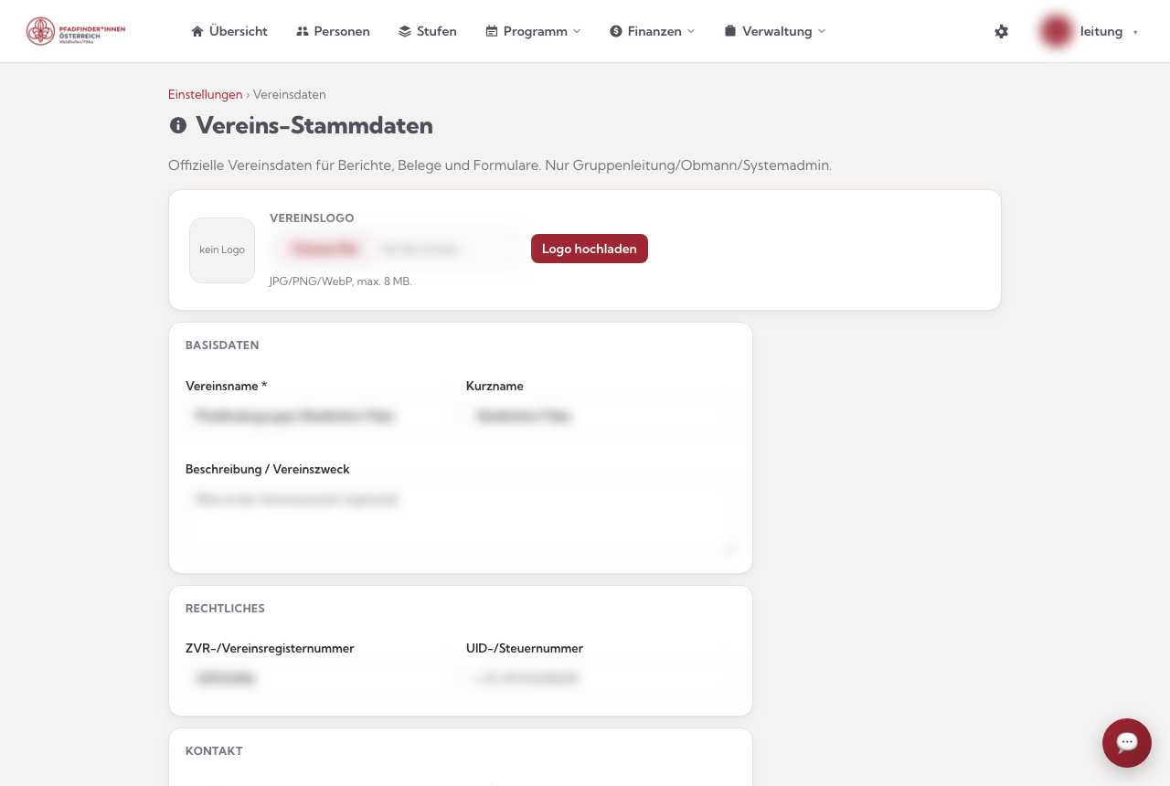 Die Vereins-Stammdaten: Logo, Basisdaten, Rechtliches (Feldwerte unkenntlich gemacht)