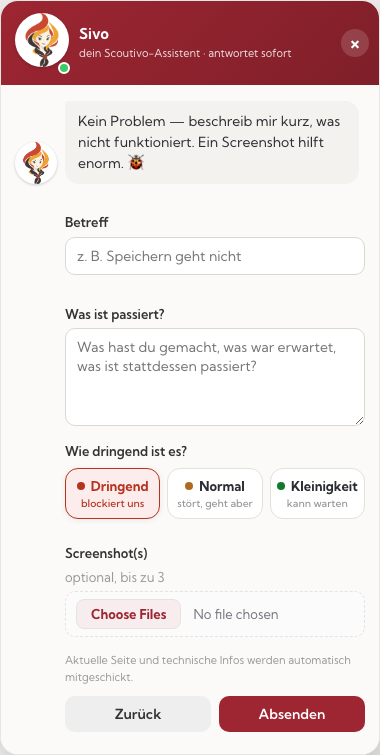 Das Fehler-Formular im Hilfe-Widget mit der Dringlichkeits-Auswahl