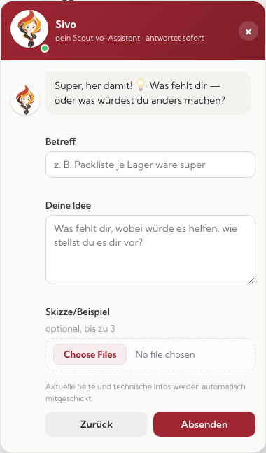 Das Ideen-Formular im Hilfe-Widget: Betreff, deine Idee und optionale Skizze
